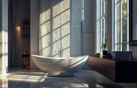 Generative AI illustration of luxury bathroom with bathtub and window letting in sunlight. interior designの素材