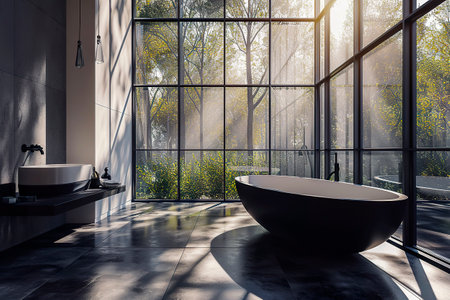 Generative AI illustration of luxury bathroom with bathtub and window letting in sunlight. interior designの素材
