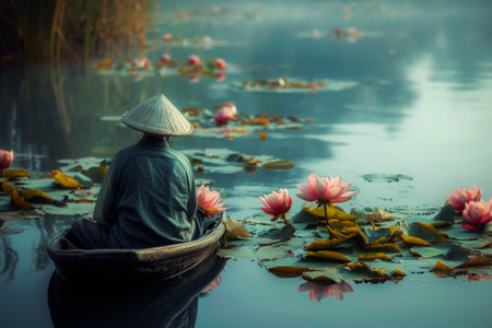Generative AI illustration of Background fisherman in a boat floating down an Asian river surrounded by water lilies. Asian Riversの素材