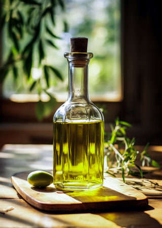 Generative Ai illustration of extra virgin olive oil bottle. Typical Spanish and Italian food product. EVOOの素材