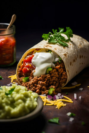 Generative AI illustration of typical Mexican burrito with meat, vegetables, sauces and spices. Typical Mexican foodの素材