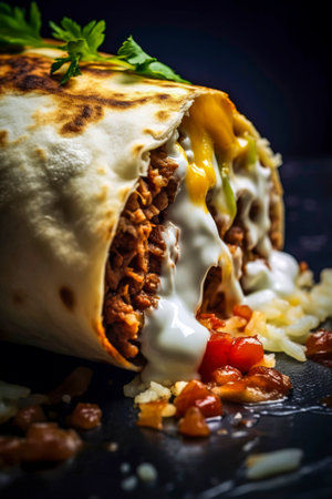Generative AI illustration of typical Mexican burrito with meat, vegetables, sauces and spices. Typical Mexican foodの素材
