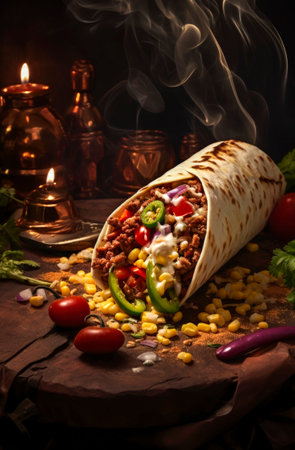 Generative AI illustration of typical Mexican burrito with meat, vegetables, sauces and spices. Typical Mexican foodの素材
