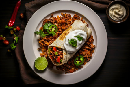 Generative AI illustration of typical Mexican burrito with meat, vegetables, sauces and spices. Typical Mexican foodの素材