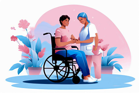Generative AI illustration of nurse caring for elderly woman in wheelchair in vector illustration style with pastel colors. health concept. digital artの素材