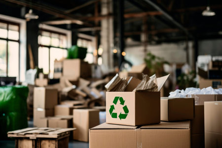 Generative AI illustration of recyclable cardboard packaging with the recycle sign. Ecological and sustainable packagingの素材