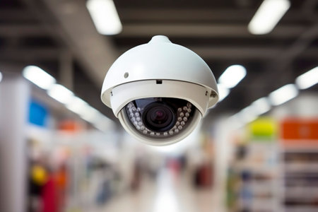 Generative AI illustration of CCTV security camera in indoor and outdoor facilitiesの素材