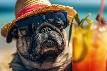Generative AI illustration of funny pug dog on the beach on vacation on a sunny day relaxing and drinking a cocktail. anthropomorphic animalの素材
