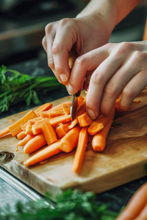 Generative AI illustration of woman's hands making a healthy carrot juice in the garden at home on a sunny day. Vegan food. Healthy foodの素材