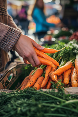 Generative AI illustration of woman's hands making a healthy carrot juice in the garden at home on a sunny day. Vegan food. Healthy foodの素材