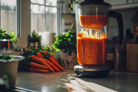 Generative AI illustration of woman's hands making a healthy carrot juice in the garden at home on a sunny day. Vegan food. Healthy foodの素材