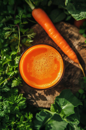 Generative AI illustration of woman's hands making a healthy carrot juice in the garden at home on a sunny day. Vegan food. Healthy foodの素材