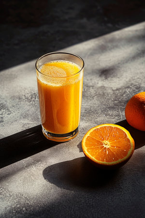 Generative AI illustration of glass of healthy orange juice with ice cubes, mint leaves and ginger. vitaminsの素材