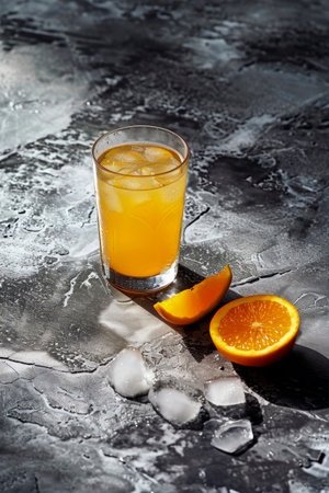 Generative AI illustration of glass of healthy orange juice with ice cubes, mint leaves and ginger. vitaminsの素材