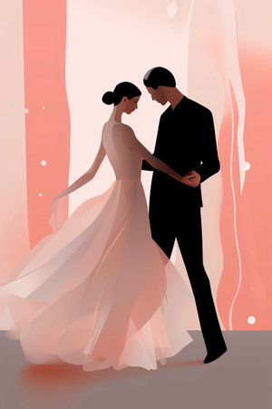 Generative Ai background illustration of couple dancing in haute couture dress in minimalist illustration styleの素材