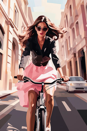 Generative AI illustration of Happy beautiful girl riding a bike with basket.In minimal vector illustration style. Digital artの素材