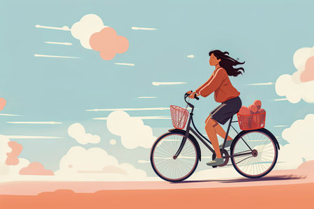 Generative AI illustration of Happy beautiful girl riding a bike with basket.In minimal vector illustration style. Digital artの素材