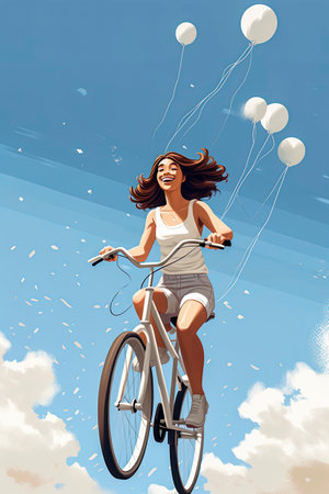 Generative AI illustration of Happy beautiful girl riding a bike with basket.In minimal vector illustration style. Digital artの素材