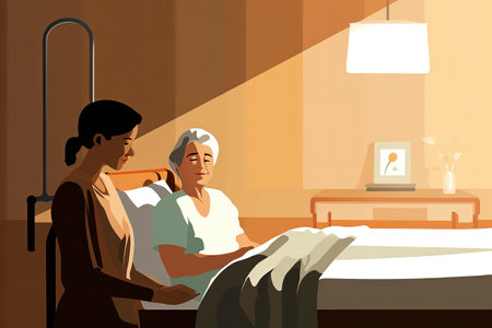 Generative AI illustration of nurse shaking hands with an old patient in a hospital room. vector style illustrationの素材