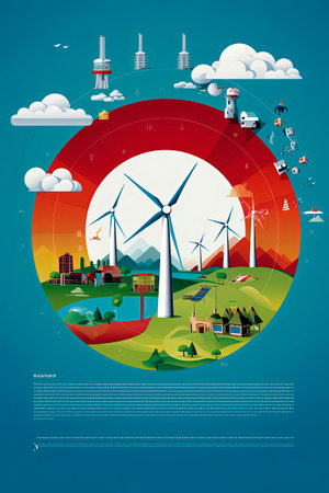 Generative AI vector graphic illustration representing renewable energy, wind power, clean energy. Recycling. Environment conceptの素材