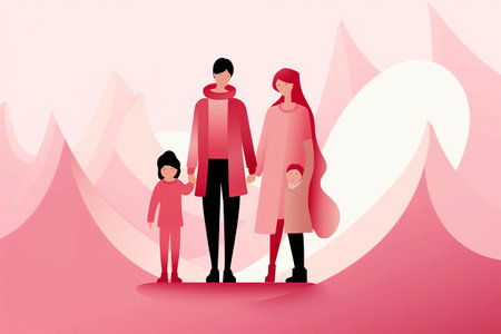 Generative AI background illustration of happy family with parents and children in minimalist illustration style. digital artの素材