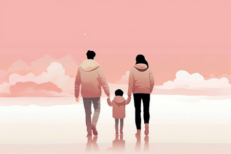 Generative AI background illustration of happy family with parents and children in minimalist illustration style. digital artの素材