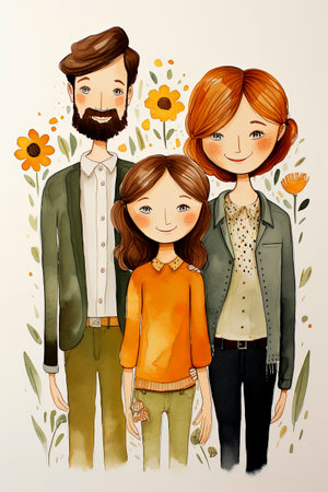 Generative AI background illustration of happy family with parents and children in minimalist illustration style. digital artの素材