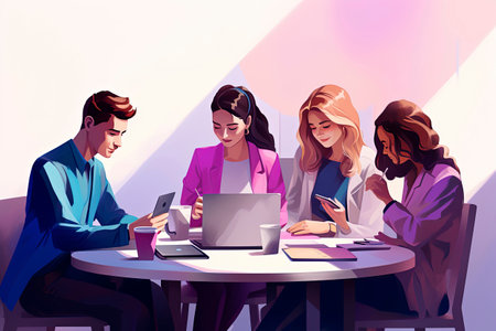 Generative AI illustration of group of young people working in an office with laptop. Minimalist style illustration. Digital artの素材