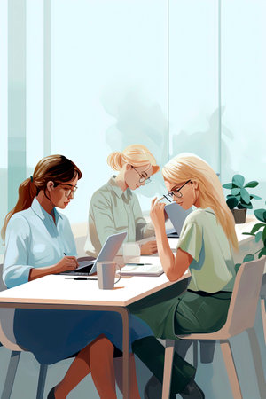 Generative AI illustration of group of young people working in an office with laptop. Minimalist style illustration. Digital artの素材