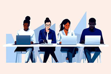 Generative AI illustration of group of young people working in an office with laptop. Minimalist style illustration. Digital artの素材