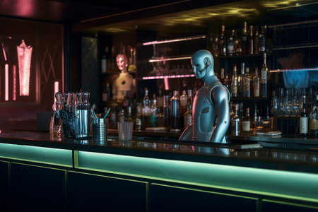 Generative AI illustration of artificial intelligence dressed as a bartender working shaking a cocktail shaker behind the bar of a fancy bar. AI Conceptの素材