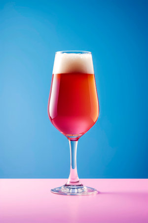 Generative AI illustration of glass of ice cold beer with colorful backgrounds and hard light with shadowsの素材