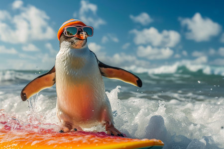 Generative AI illustration of penguin with sunglasses and hat surfing among the waves of the warm waters of Miami. Climate change. Anthropomorphic animalの素材