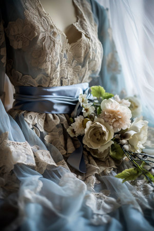 Generative AI illustration of gorgeous couture wedding dress in pink and blue pastel colors. fashion weddingの素材