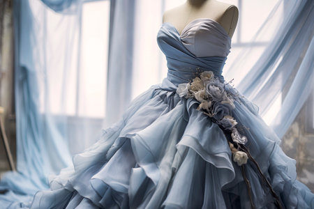 Generative AI illustration of gorgeous couture wedding dress in pink and blue pastel colors. fashion weddingの素材