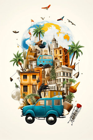 Generative AI illustration of adventure travel, luxury travel or sustainable travel with white background.Isolatedの素材