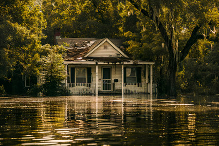 Generative AI illustration of flooding houses with rising water due to a large storm. Natural disasters. Hurricanesの素材