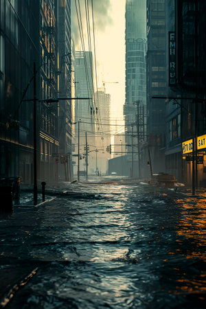 Generative AI illustration of flooding houses with rising water due to a large storm. Natural disasters. Hurricanesの素材