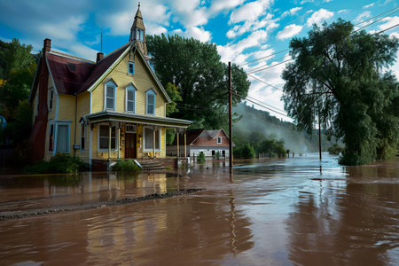 Generative AI illustration of flooding houses with rising water due to a large storm. Natural disasters. Hurricanesの素材