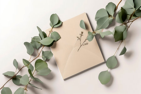 Generative AI illustration of Top view, Blank Wedding or events invitation card mockup in paste colors with natural eucalyptus twigs. concept mockupの素材