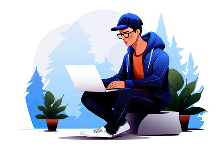 Generative AI illustration of young man working on a laptop in an office. Minimalist vector style illustrationの素材