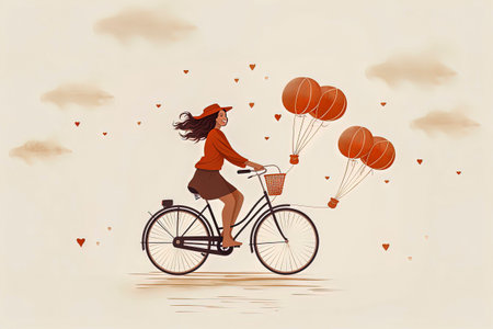 Generative AI illustration of Happy beautiful girl riding a bike with basket.In minimal vector illustration style. Digital artの素材