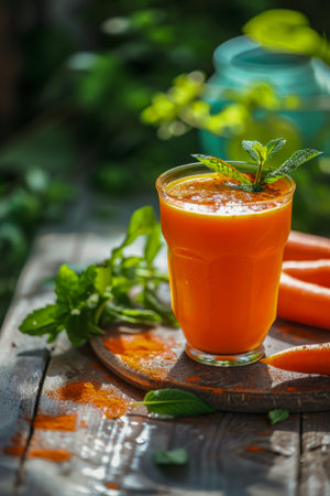 Generative AI illustration of woman's hands making a healthy carrot juice in the garden at home on a sunny day. Vegan food. Healthy foodの素材