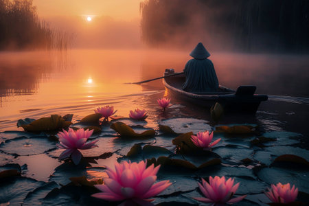Generative AI illustration of Background fisherman in a boat floating down an Asian river surrounded by water lilies. Asian Riversの素材