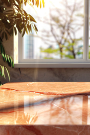 Generative AI illustration of colorful marble empty table top on blurred background mockup. Special image for advertising different productsの素材