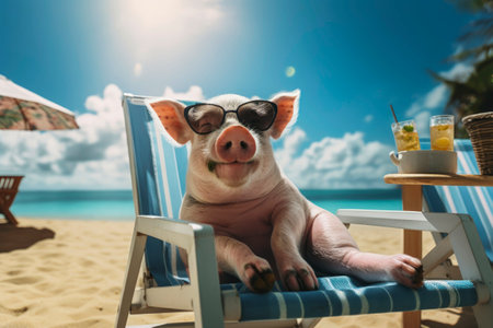 Generative AI illustration of funny little pig with sunglasses on the beach on a sunny day having a cocktail. Holidaysの素材