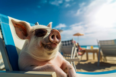 Generative AI illustration of funny little pig with sunglasses on the beach on a sunny day having a cocktail. Holidaysの素材