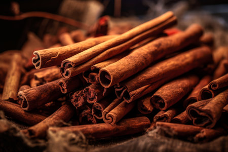 Generative Ai illustration of cinnamon sticks in a drying room surrounded by smoke with dark background.Ingredient foodの素材