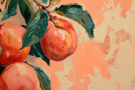 Peaches fruits isolated pattern background in artistic illustration style with copy space. Artworkの素材