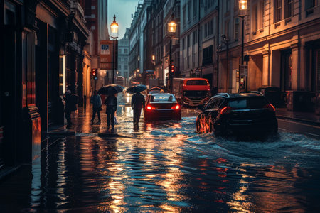 The streets of the great city, pouring with heavy rain, the accumulated water on the streets submerged the cars, and the cars were immersed in the water. Climate changeの素材